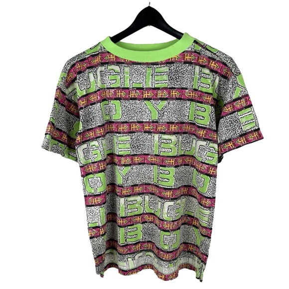Vintage 1980s Bugle Boy Co All Over Print Surf Style Retro Green Shirt Size M - Picture 1 of 9